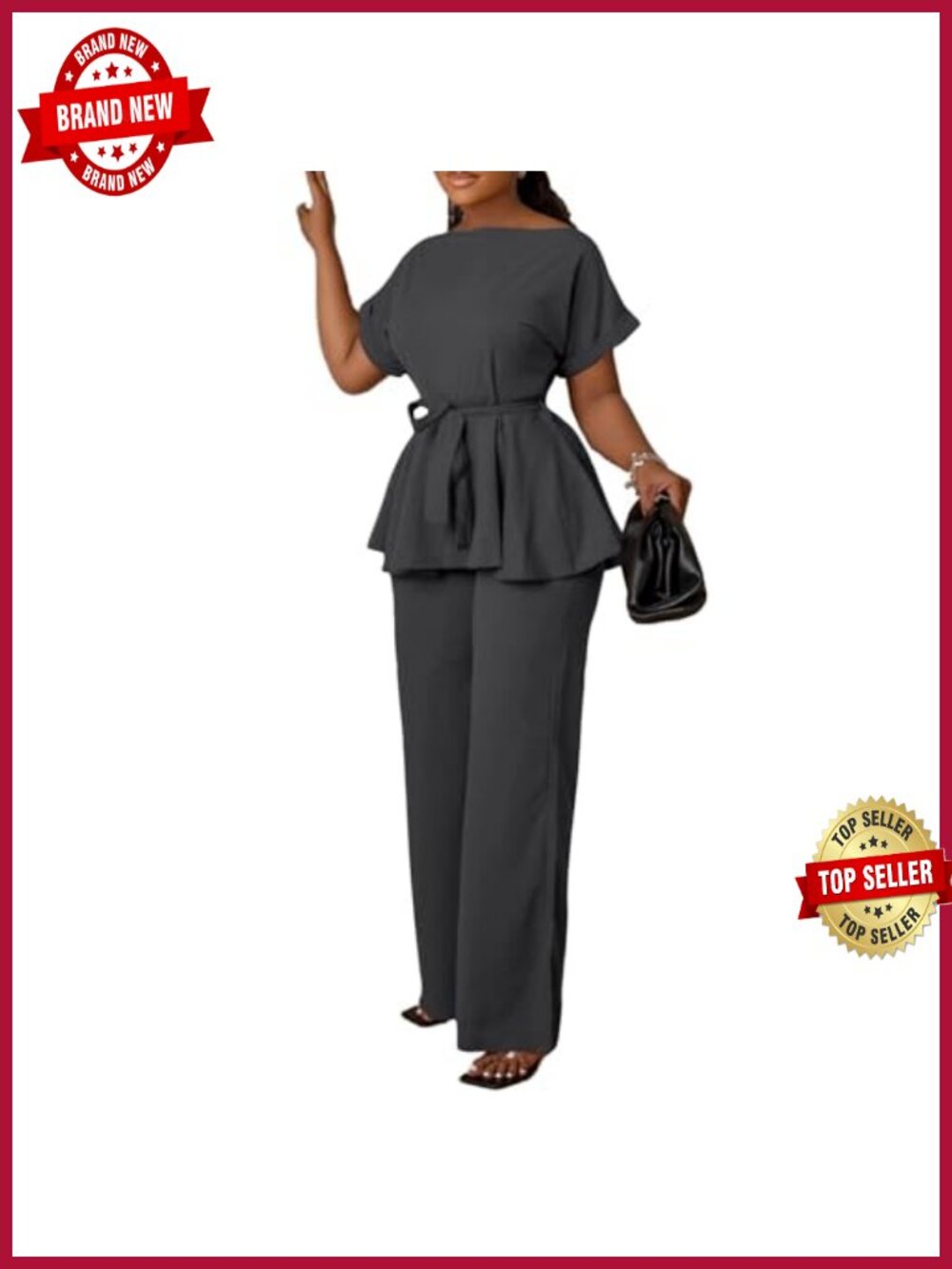 Women's 2 Piece Peplum Top and Flared Pants Set Business Casual